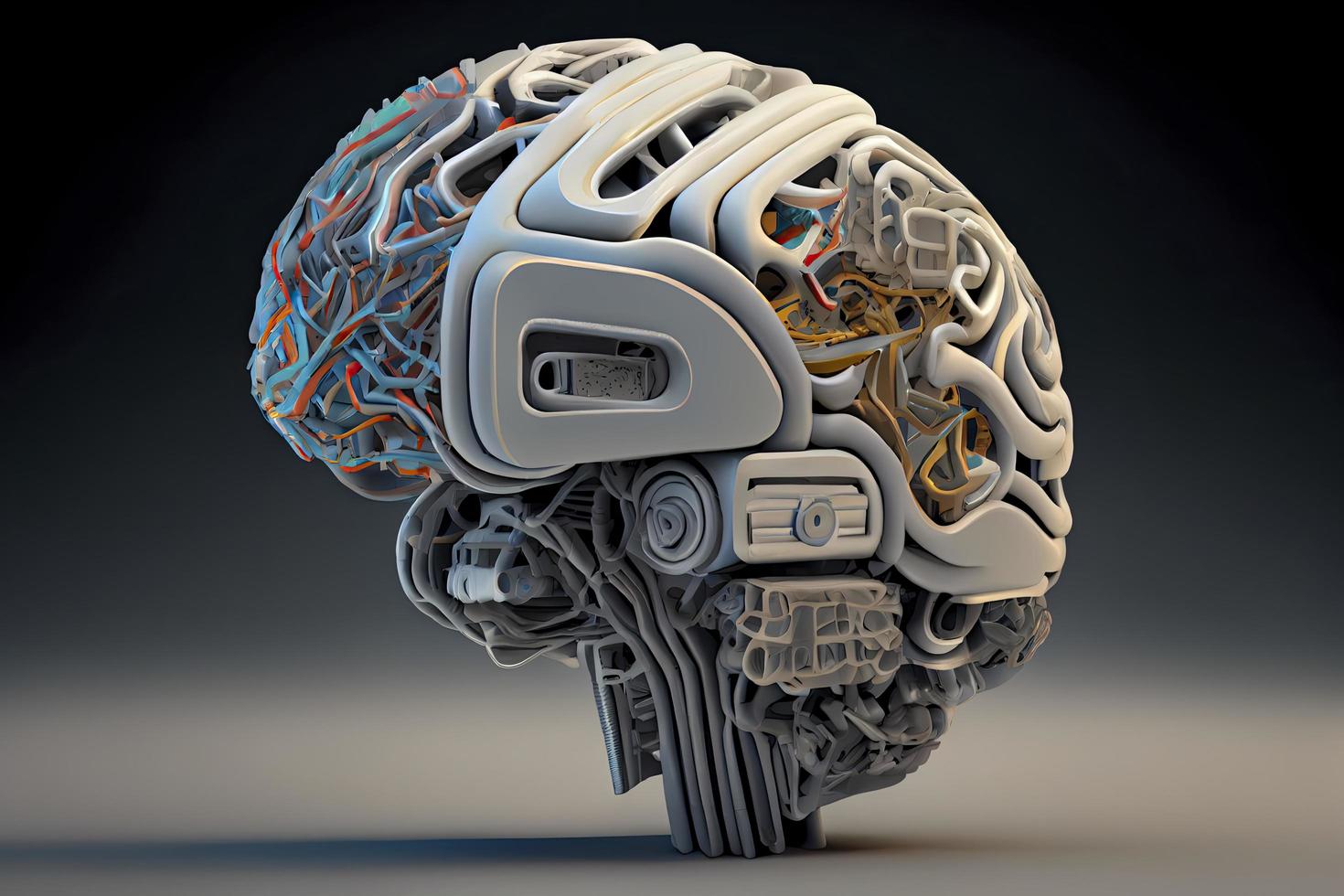 A robot head model with a human brain on it ,3D rendering photo