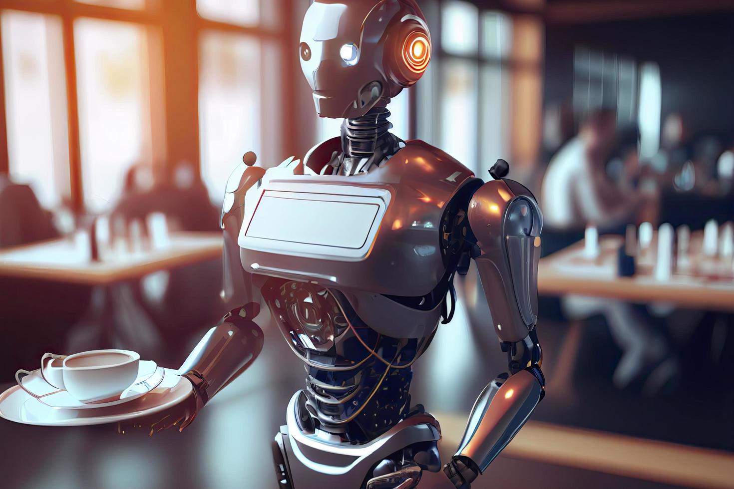 A humanoid robot waiter carries a tray of food and drinks in a restaurant photo