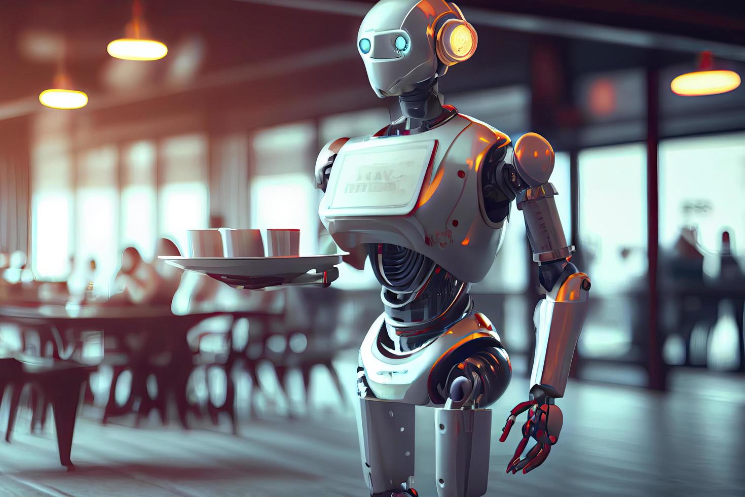 A humanoid robot waiter carries a tray of food and drinks in a restaurant photo