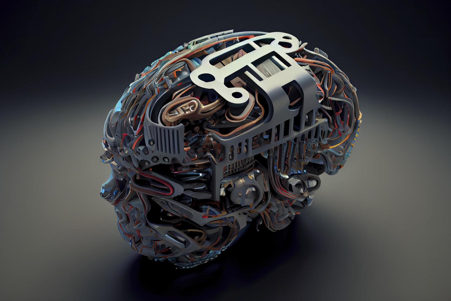 A robot head model with a human brain on it ,3D rendering photo