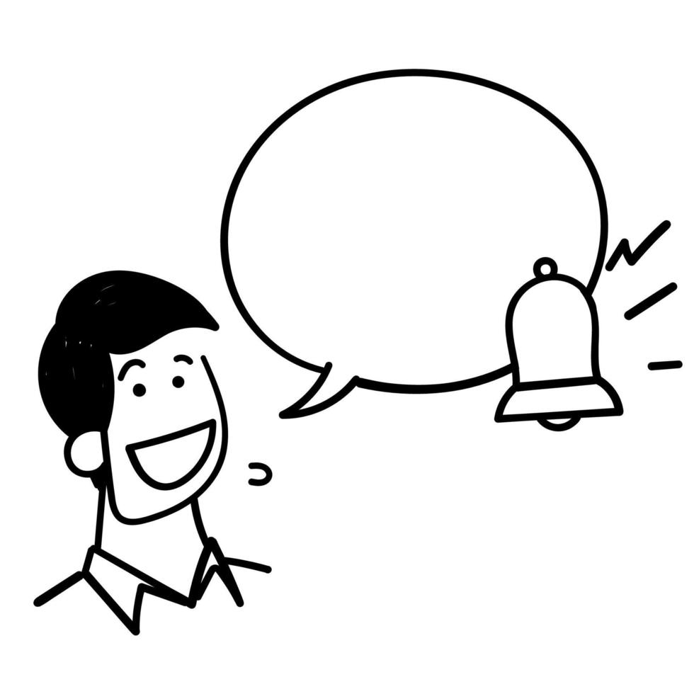 hand drawn doodle person with talking bubble and ringing bell notification vector