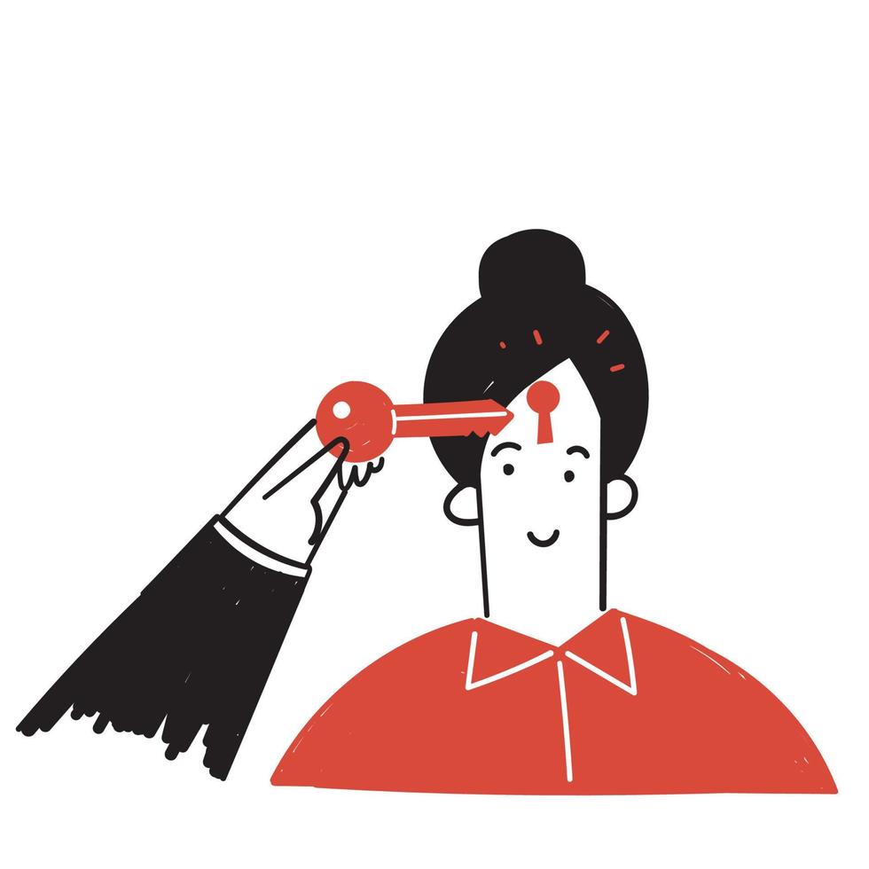 hand drawn doodle holding key to open person's mind illustration vector