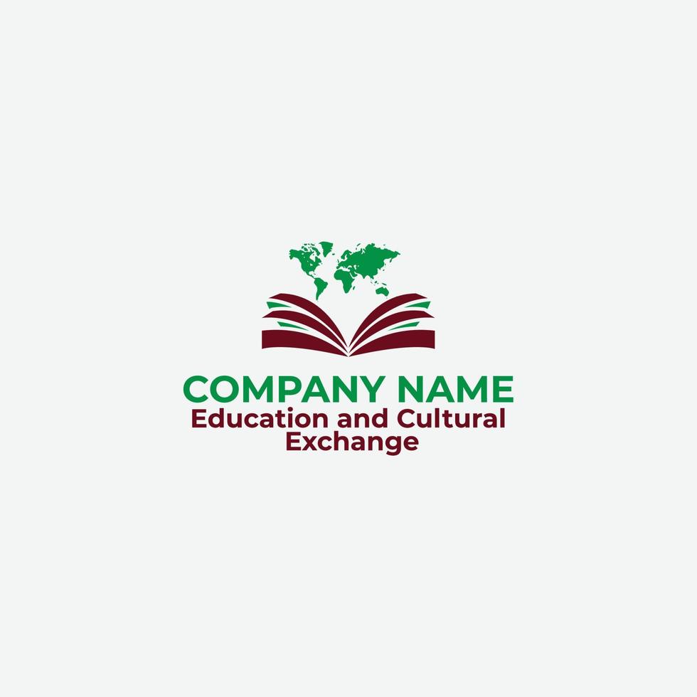 education and cultural exchange logo with book and world map vector