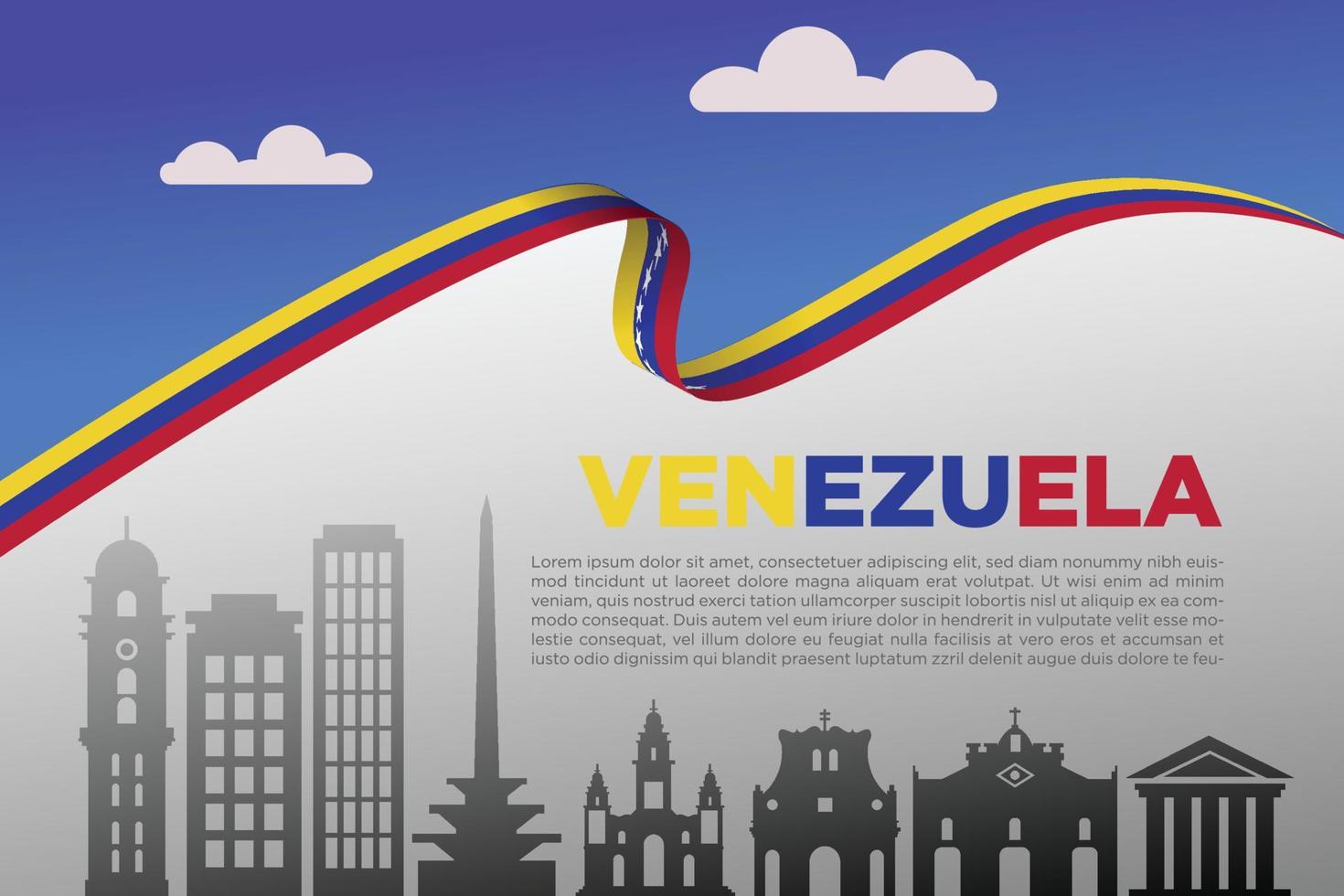 Venezuela bandera con bandera cinta y famoso puntos de referencia y limpiar mínimo diseño vector