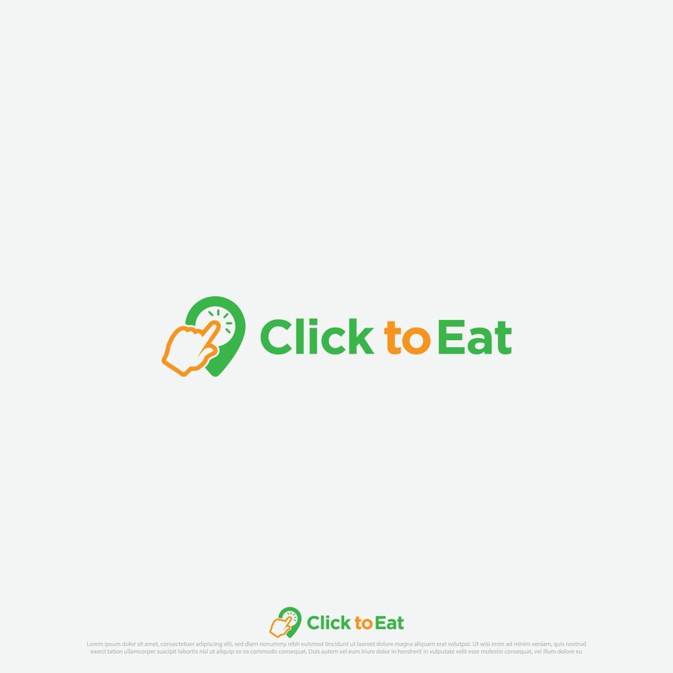click to eat logo concept for a home delivery restaurant with hand clicking into the location icon to deliver vector