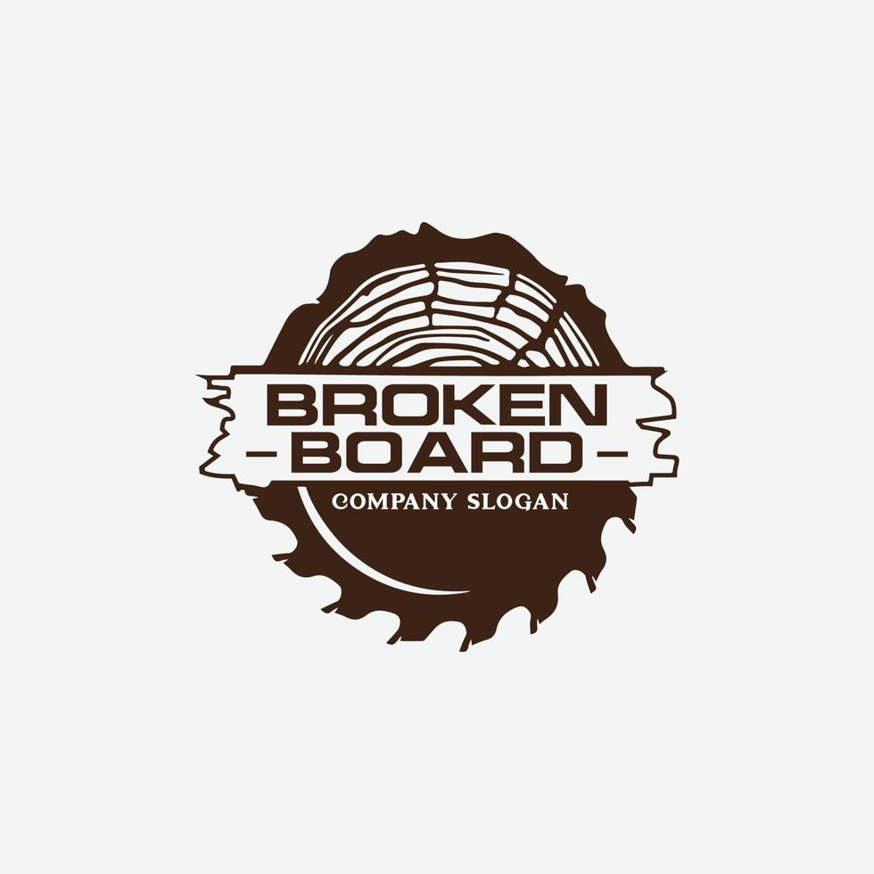 broken board woodworking logo concept with a tree and saw blade combined with a broken board vector