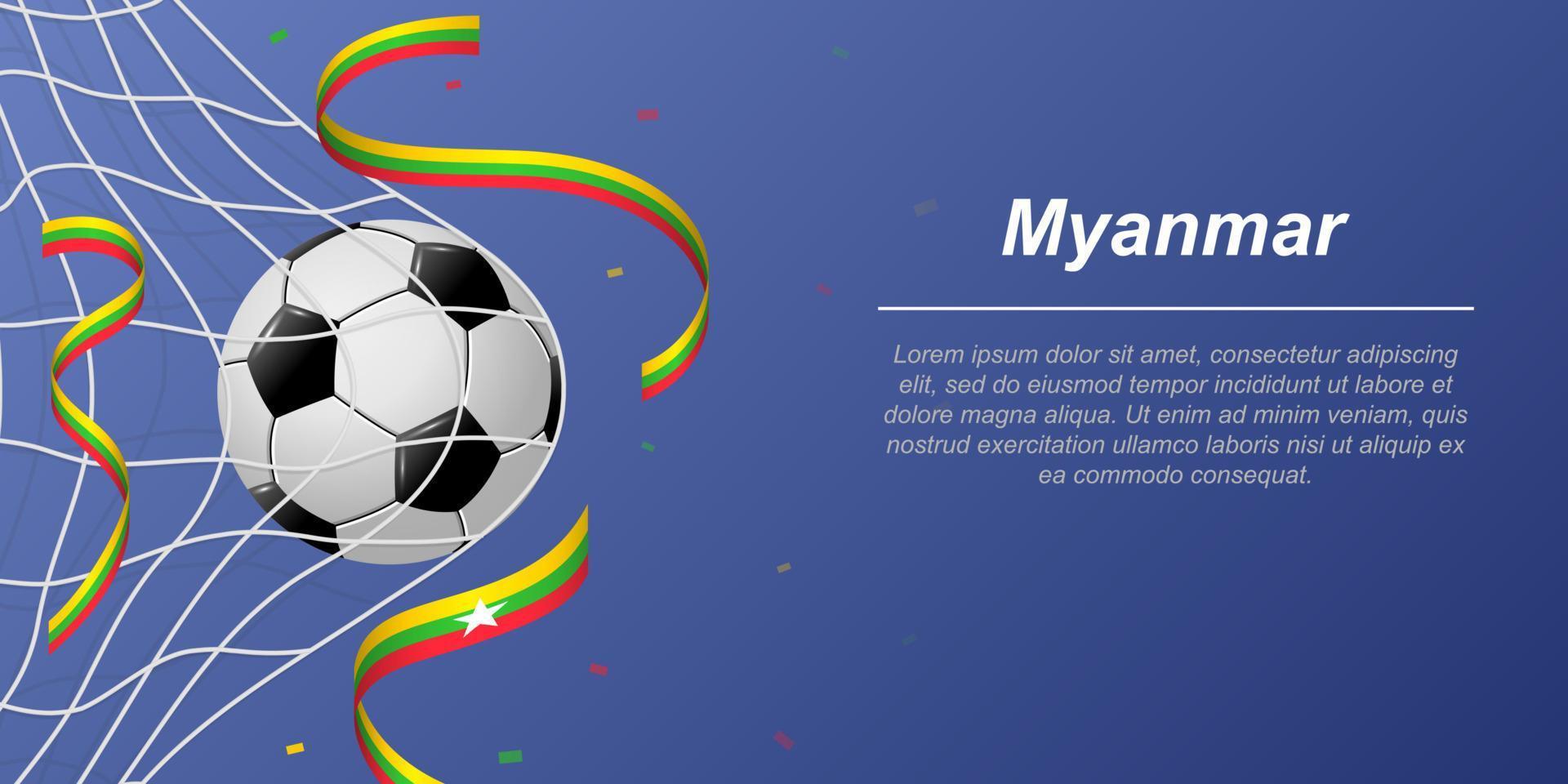 fútbol antecedentes con volador cintas en colores de el bandera de myanmar vector