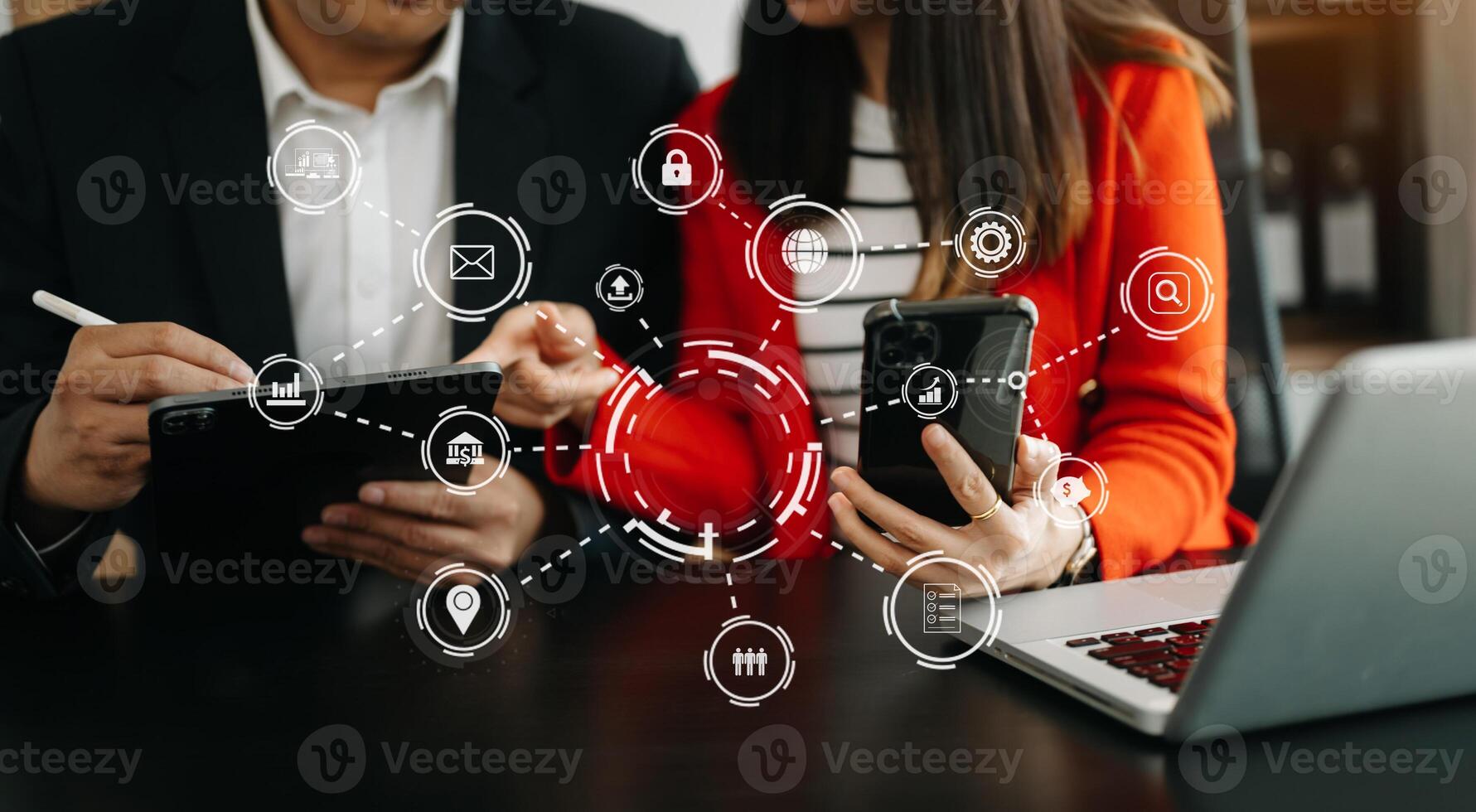 Business team partnership meeting concept. Business hand using laptop, tablet and smartphone  in office. Digital marketing media mobile app in virtual icon screen in morning light photo
