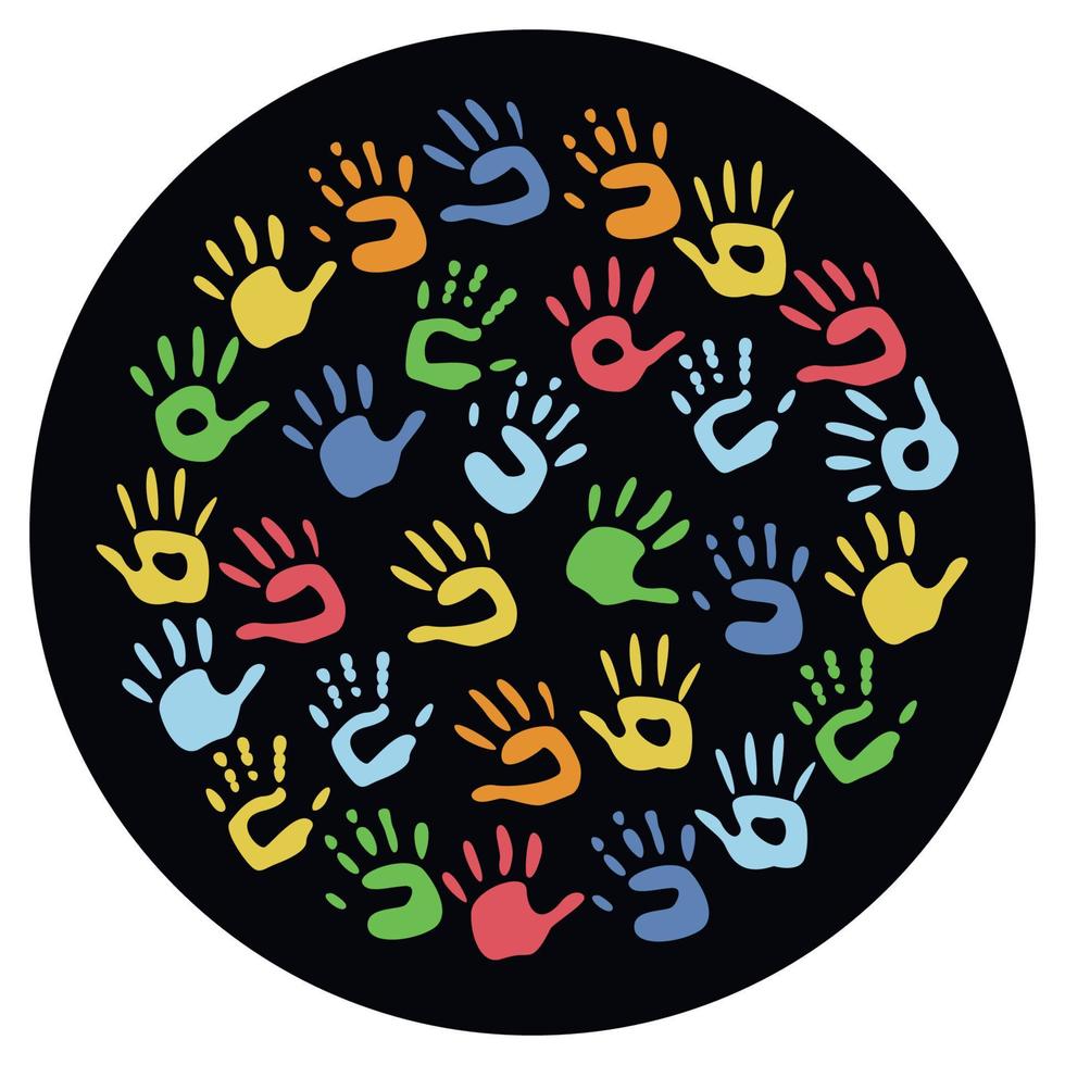 Flat vector painting tools in childish style. Hand drawn round frame of palm prints