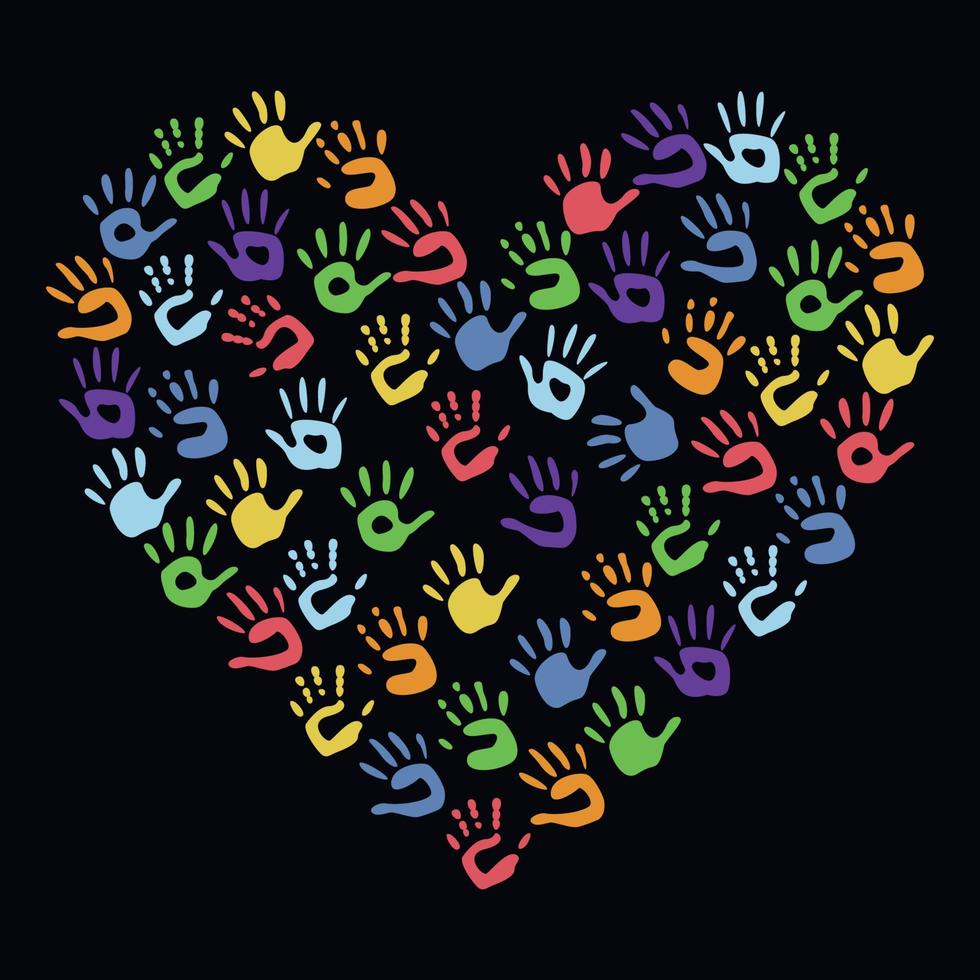 Flat vector painting tools in childish style. Hand drawn heart shaped frame of palm prints