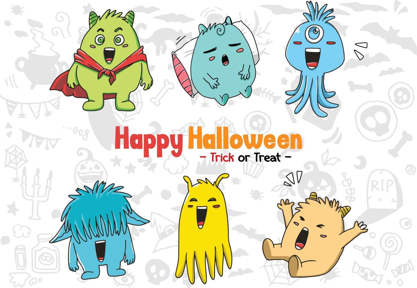 Set of cute monsters character. vector illustration for Halloween day celebration, invitation card, poster, background