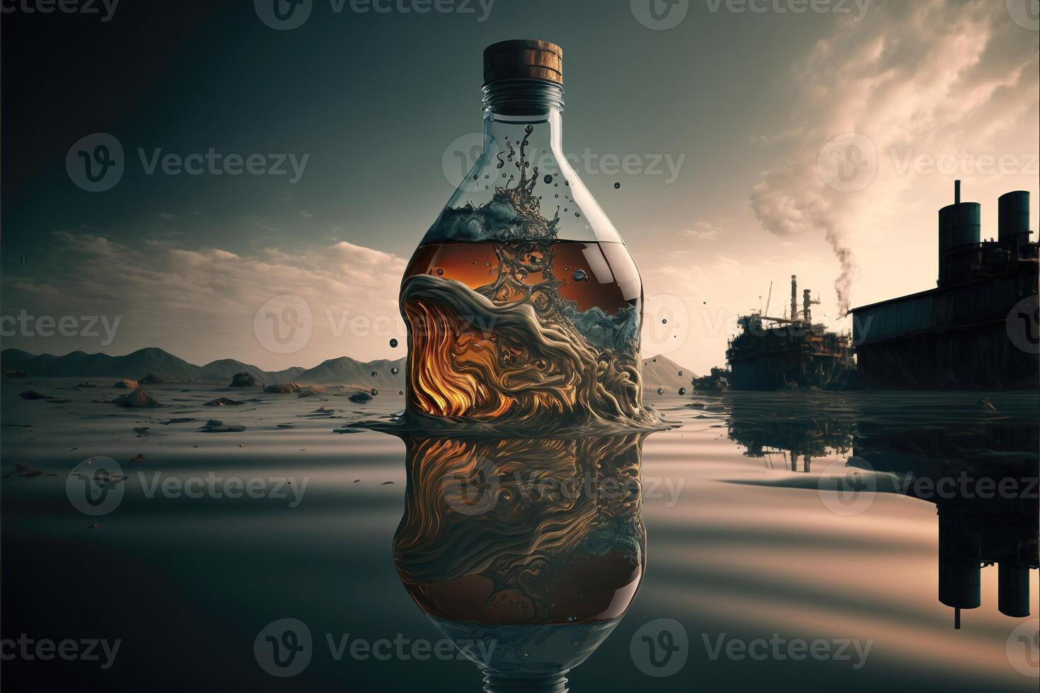 Abstract background of liquor bottle, factory, release of toxins in the water. Chemical pollution concept. photo