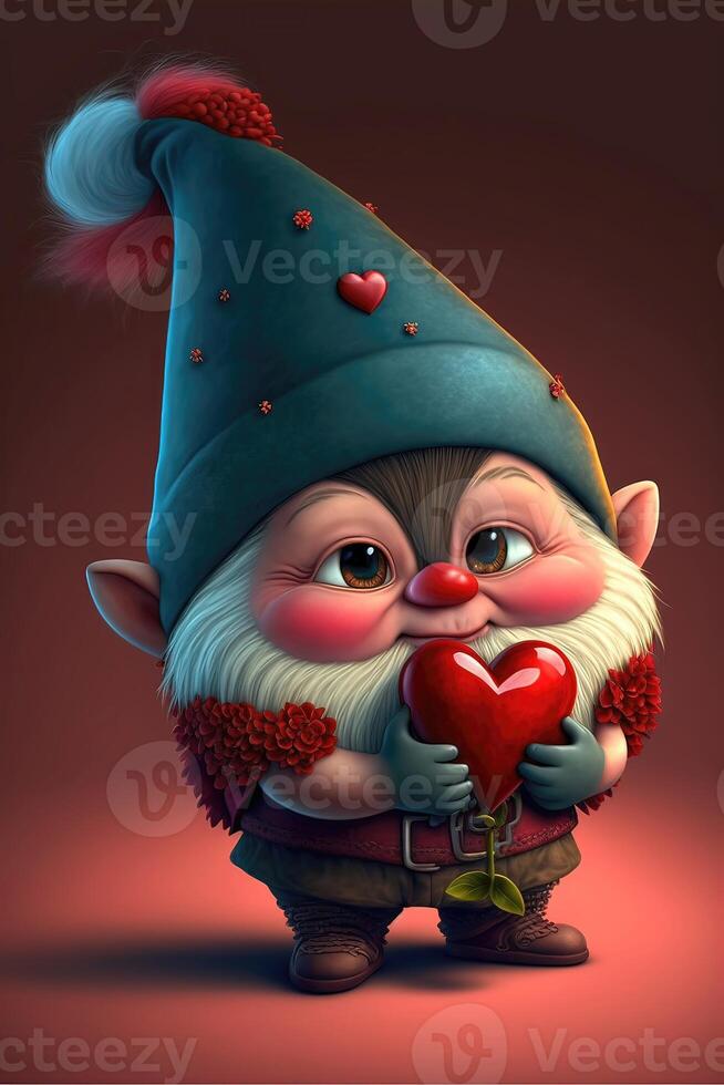 Cute gnome holding a heart valentine cartoon. photo