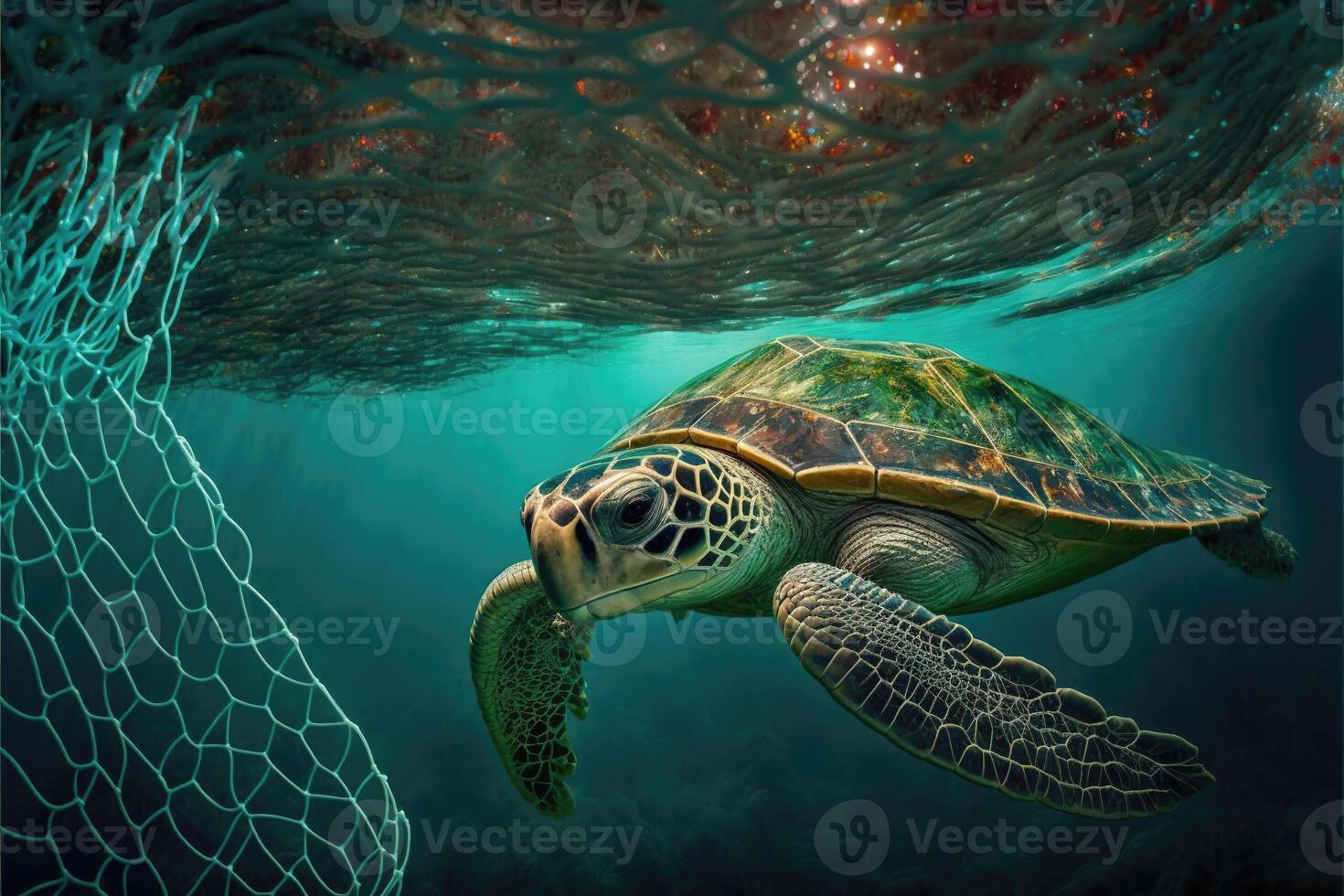 mar Tortuga atrapado por un red debajo el mar. ai generado foto