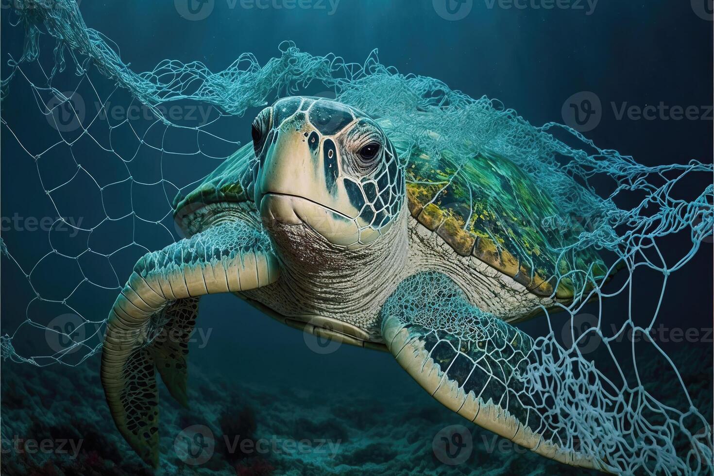 Sea turtle trapped by a net under the sea. photo