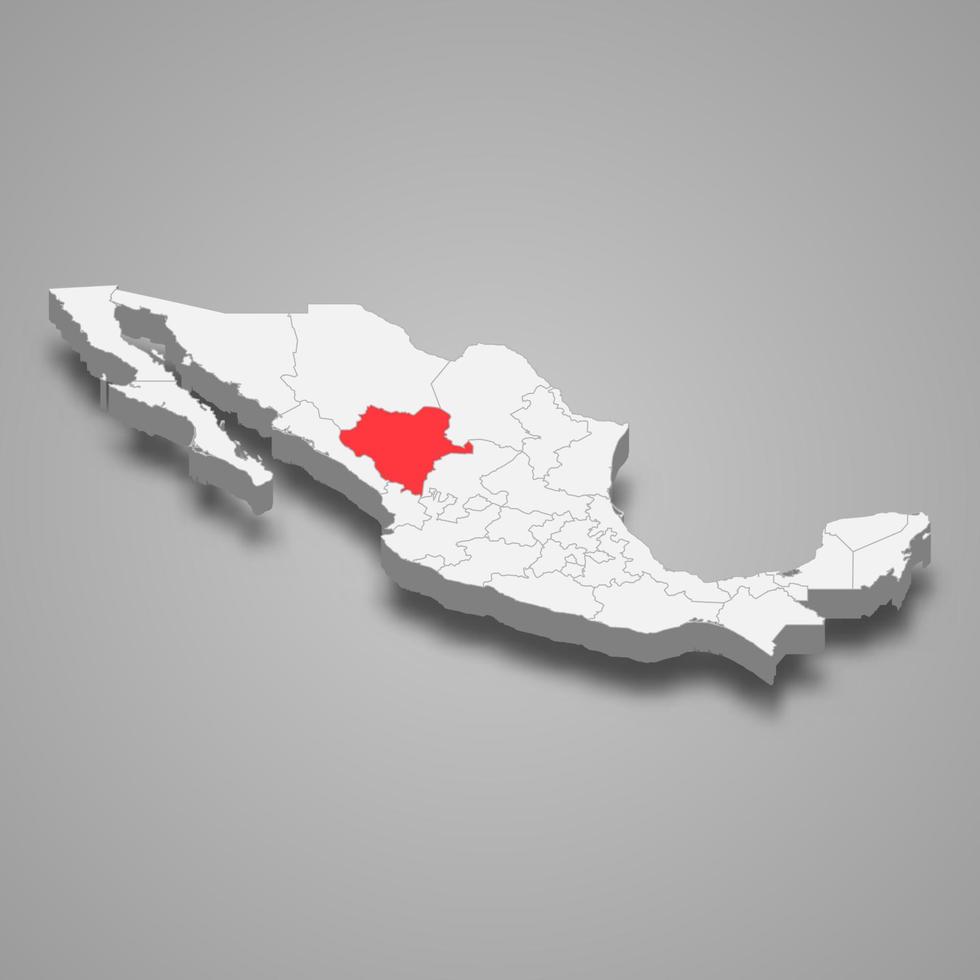 Durango region location within Mexico 3d map vector