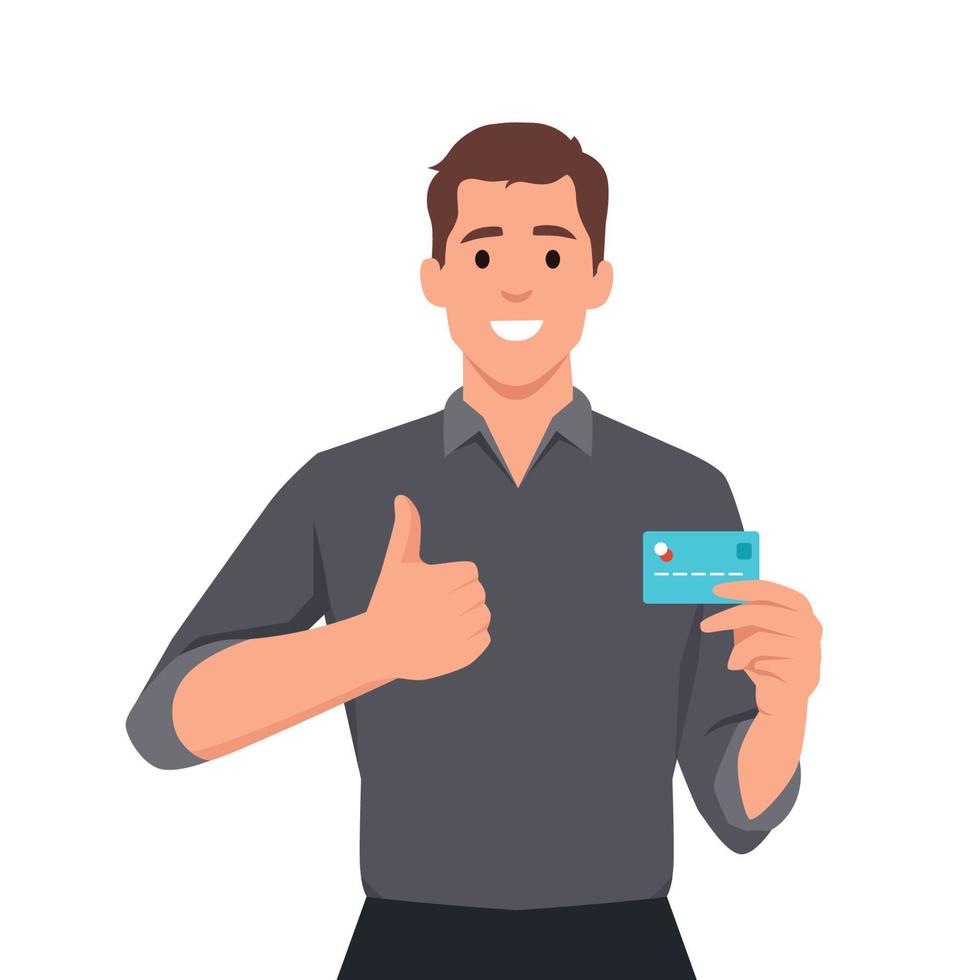 Young businessman showing credit, debit, ATM card and making thumb up gesture sign. Person holding digital payment card. Male character design illustration vector