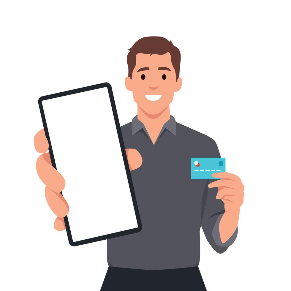 Young businessman showing or holding a new digital smartphone Mobile, Cell and debit, credit, ATM bank card in hand. Male character design vector