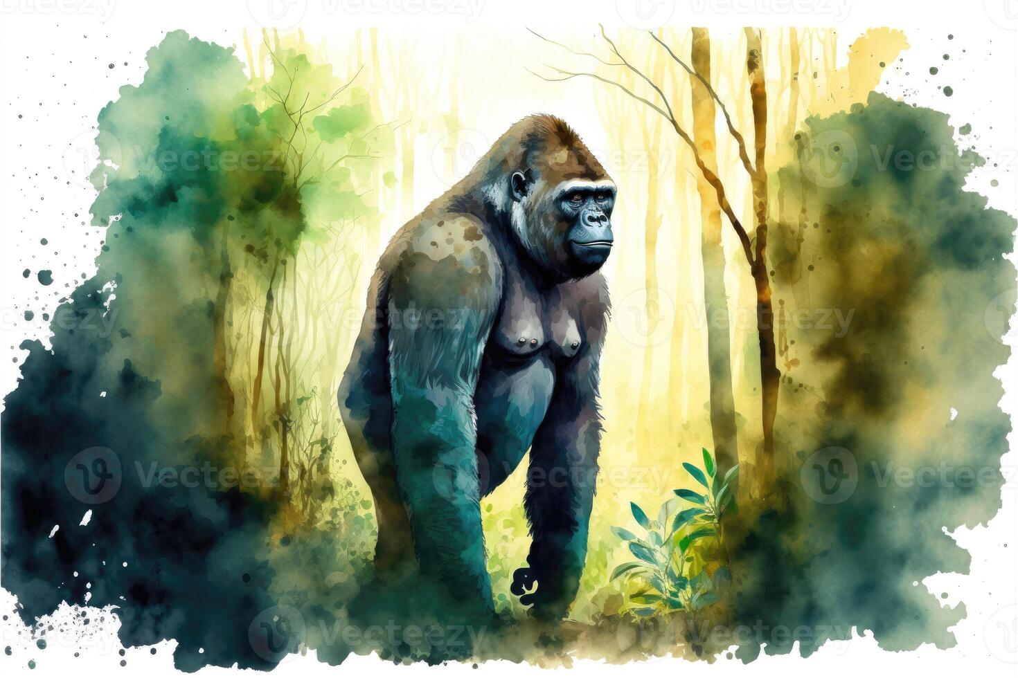 Cute gorilla standing in the middle of the forest. Watercolor painting. photo