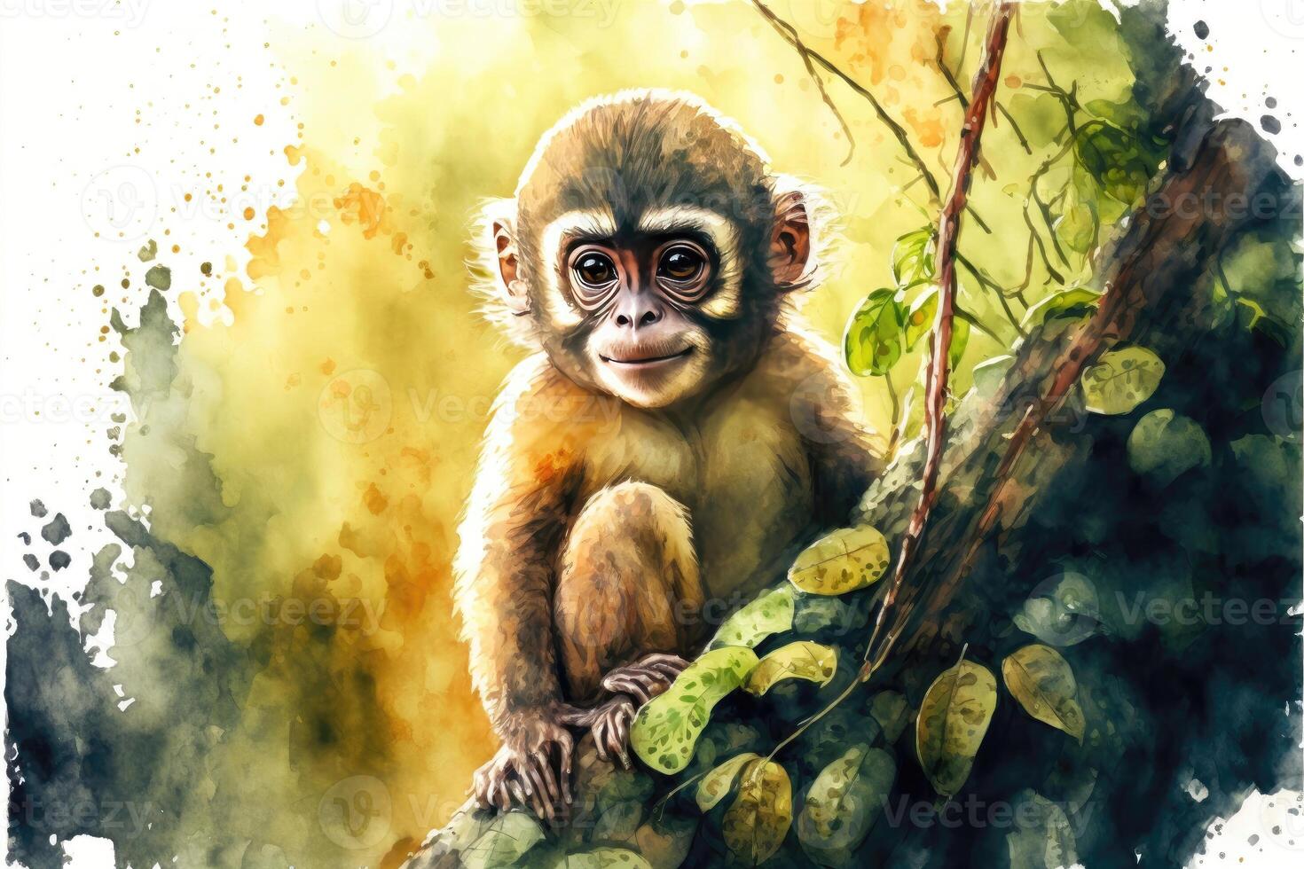 Cute monkey standing on a tree in the middle of the forest watercolor painting. photo