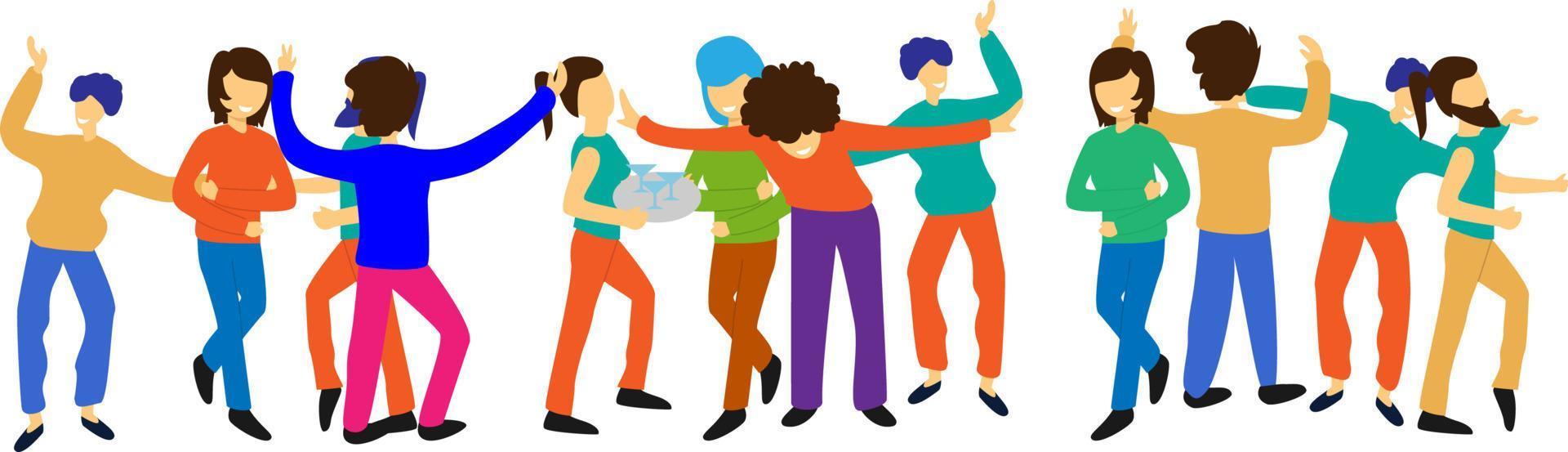 Happy people set in flat style. Smiling and laughing Men and women rising Hands up. Dancing persons. The Party, success, friendship, celebration, joy and fun concept. Vector illustration.