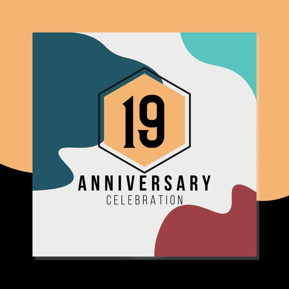 19th year anniversary celebration vector colorful abstract design on black and yellow background template illustration