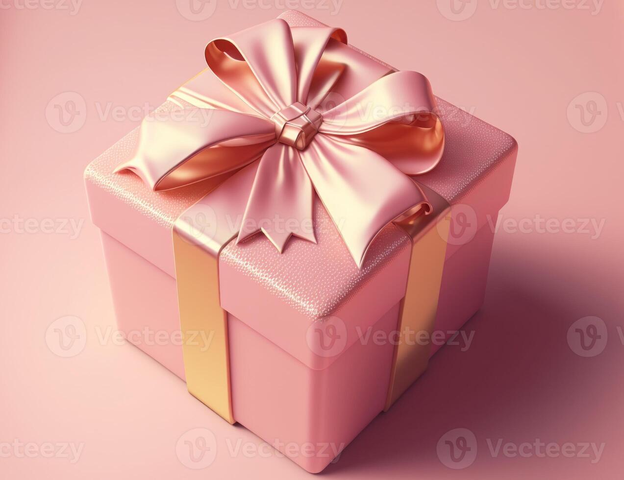 Pink gift box with golden pink ribbon on pastel tone background. photo