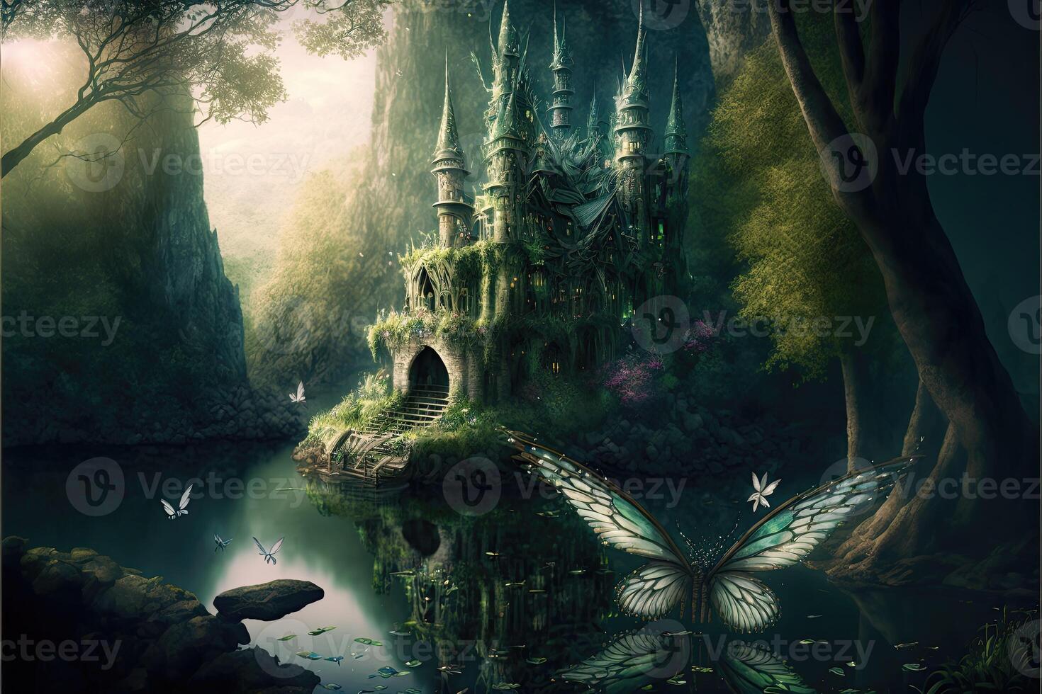 ai generado el Reino de el hadas agua castillo fantasía magia mundo. foto