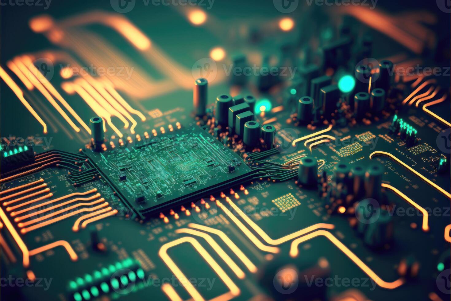 Abstract Electronic Circuit Board Background. Neon Tone Glowing In The Dark. photo