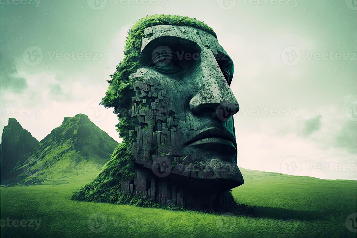 Large Moai covered with green grass towered in front of the traveler. Digital art style. photo