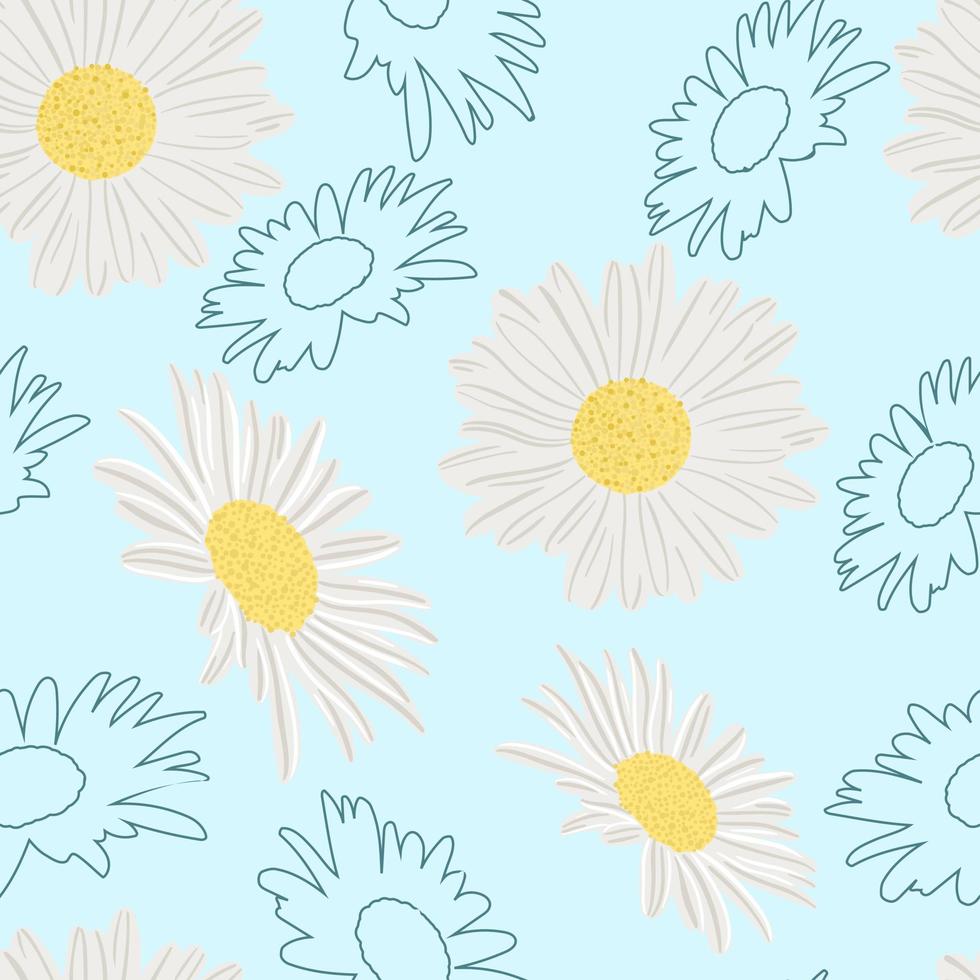 Repeating background with white flowers and outlines. vector