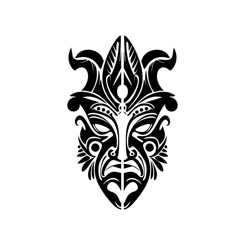 Vector tattoo sketch of a Polynesian god mask in black and white.