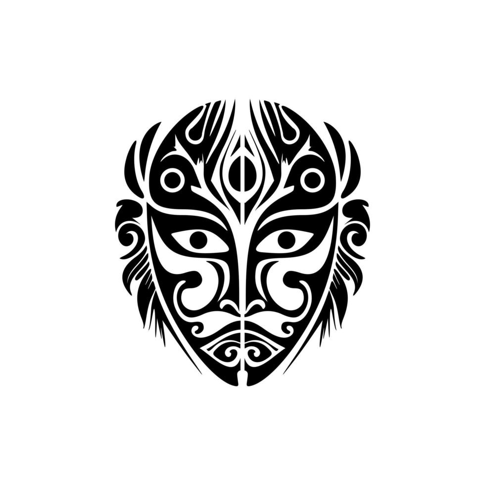 Vector sketch of a black and white Polynesian god mask tattoo