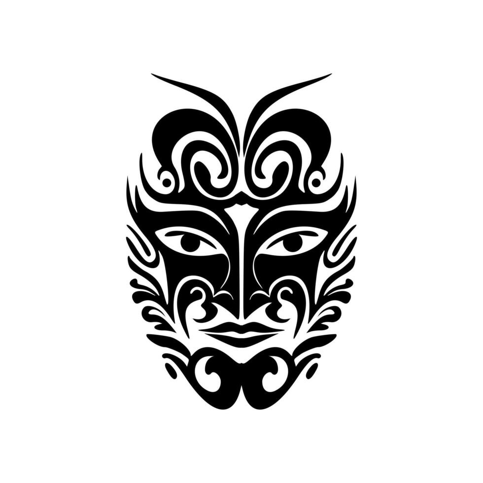 Vector tattoo sketch of a black and white Polynesian god mask.