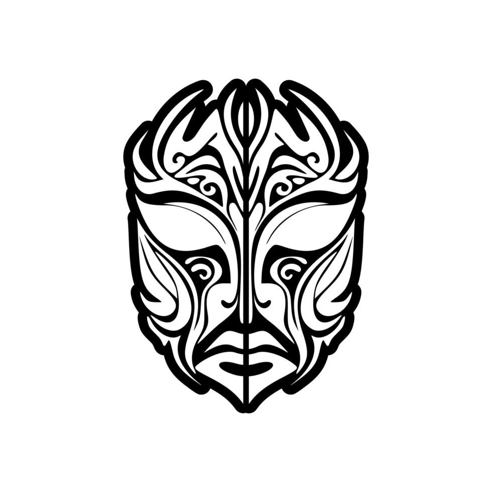 Vector tattoo sketch of a black and white mask of a Polynesian god.
