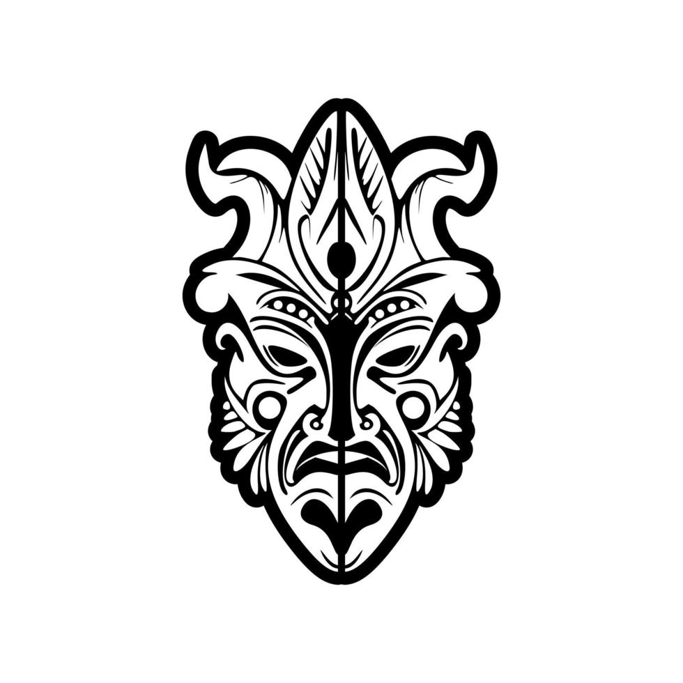 Vector tattoo sketch of a Polynesian god mask, black and white.