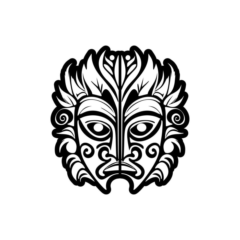 Sketch of a Polynesian god mask in black and white vector tattoo style.