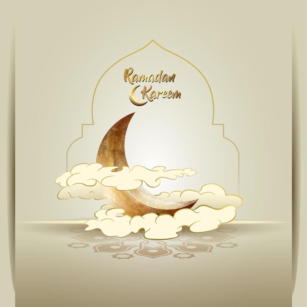 islamic greeting ramadan kareem card design with crescent and clouds vector