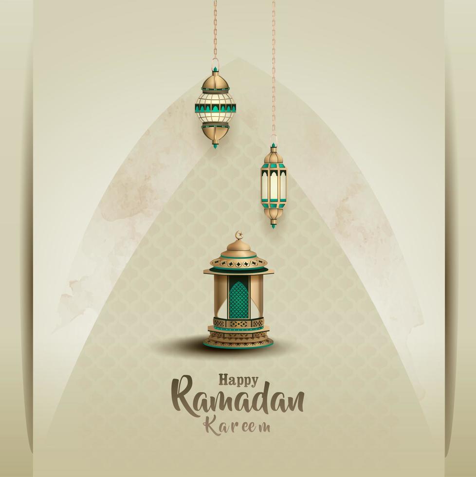 islamic greeting ramadan kareem card design with beautiful gold lanterns vector