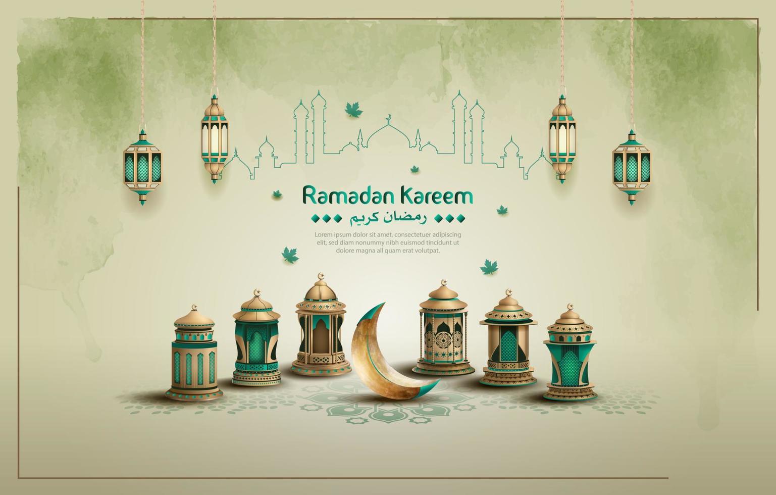 islamic greeting ramadan kareem card design with crescent moon and lanterns vector