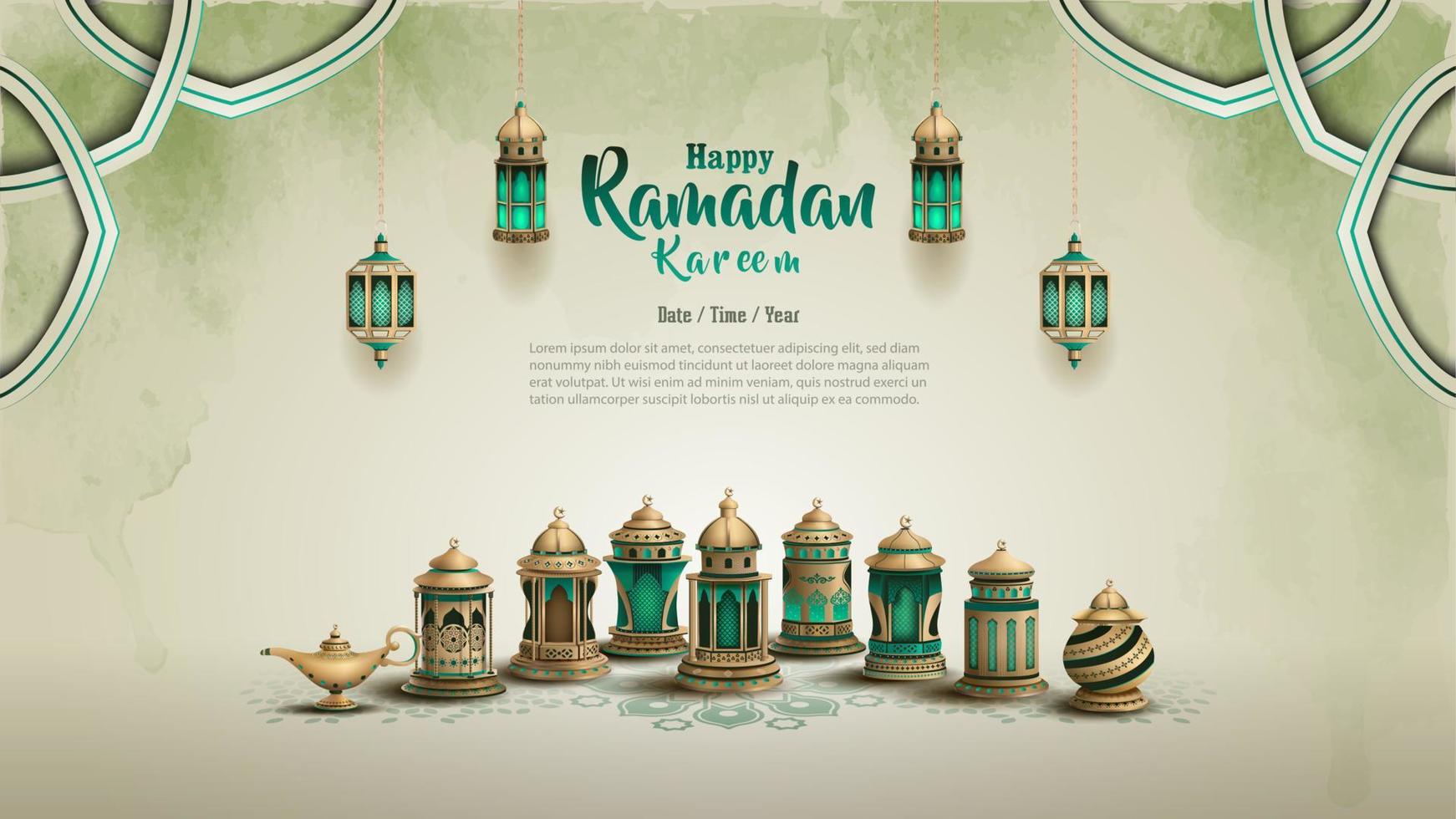 islamic greeting ramadan kareem card design with beautiful lanterns vector