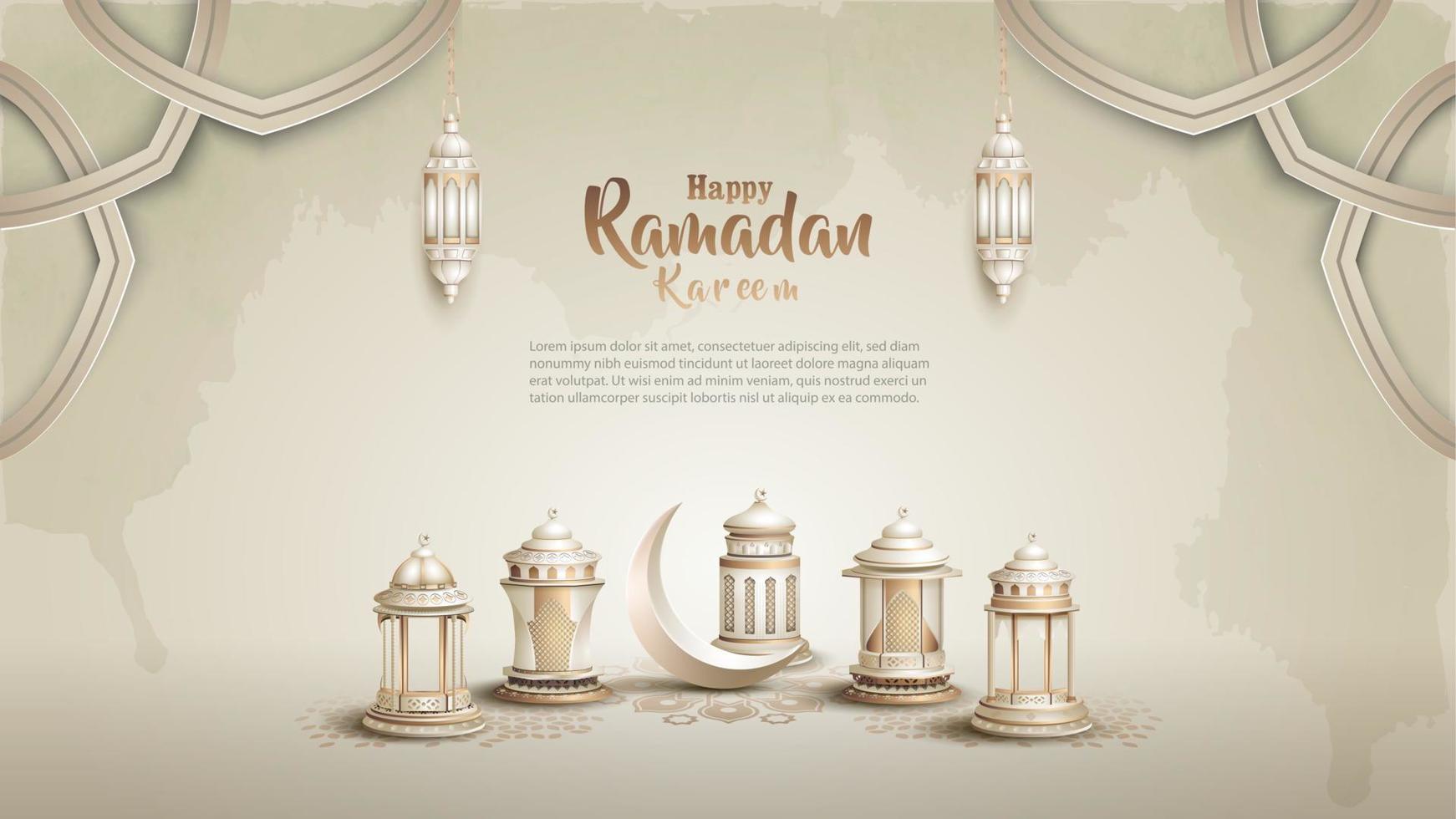 islamic greeting ramadan card design with crescent moon and white lanterns vector