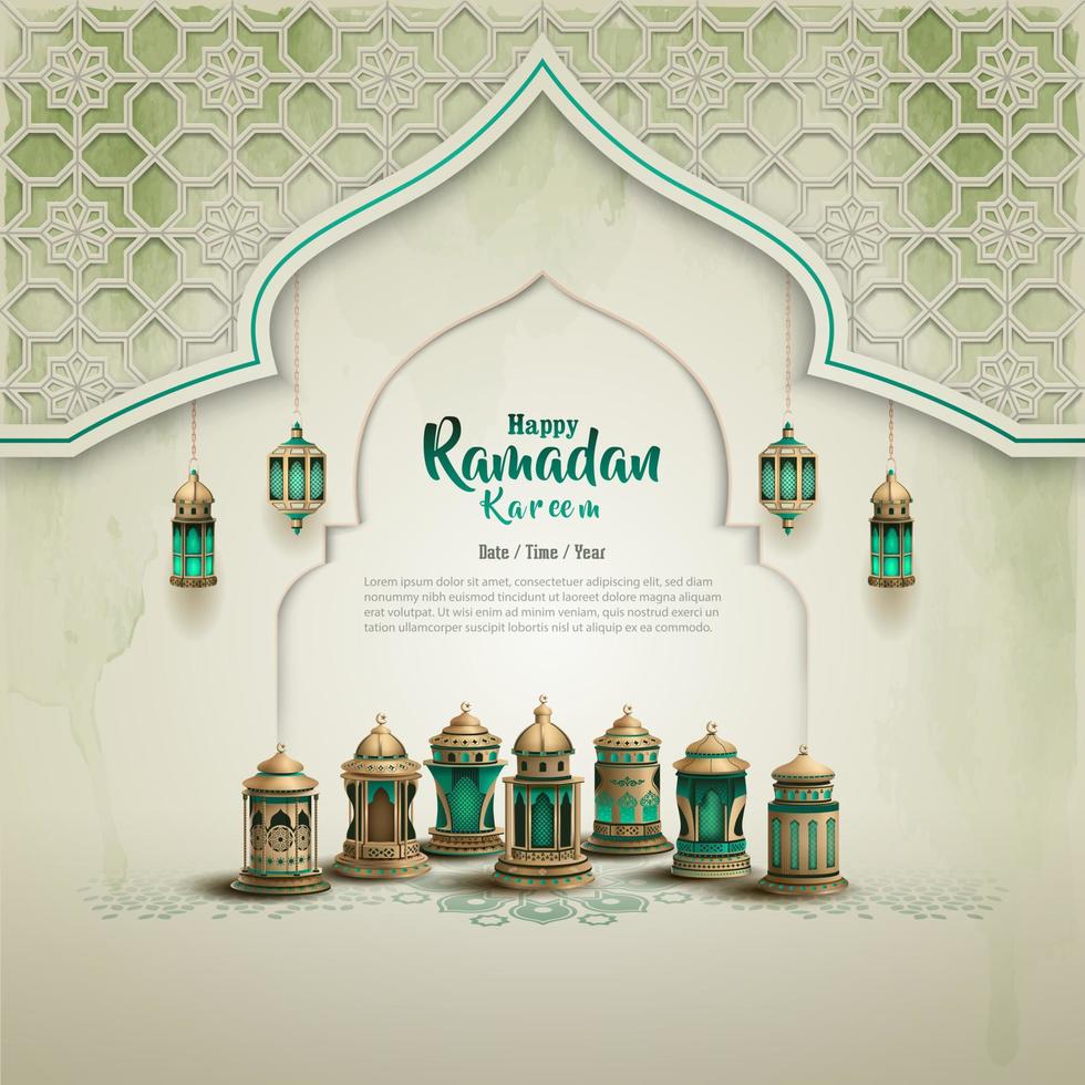 islamic greeting ramadan card design with green lanterns vector