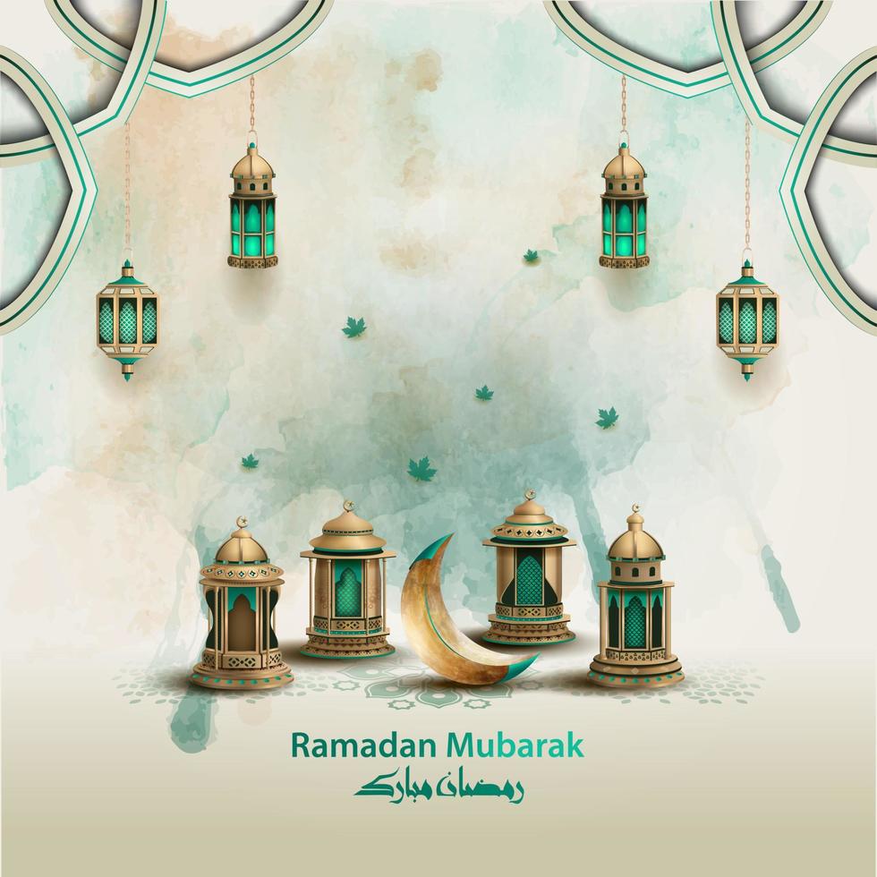 islamic greeting ramadan mubarak card design with beautiful lanterns and crescent moon vector