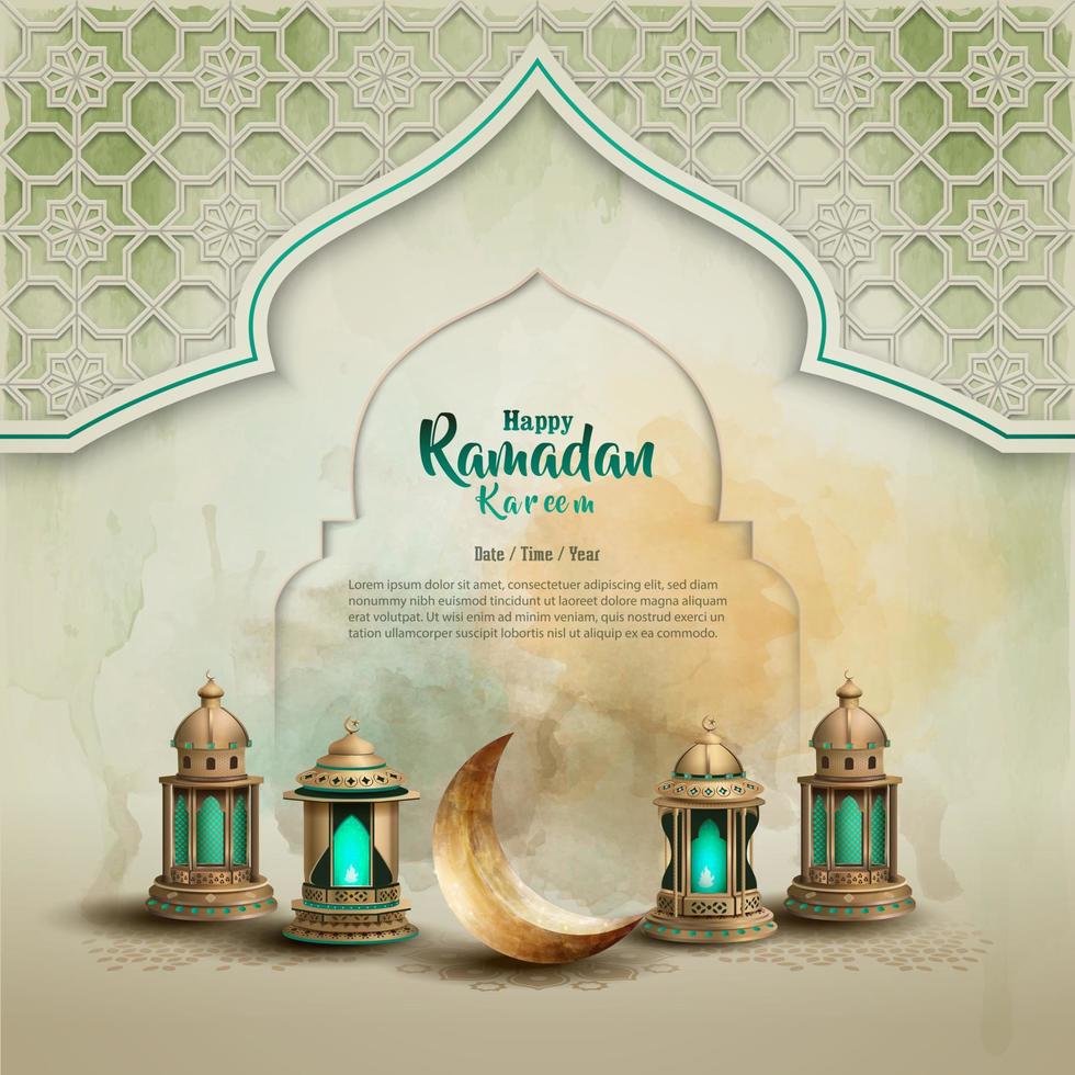 islamic greeting ramadan card design with crescent moon and lanterns vector