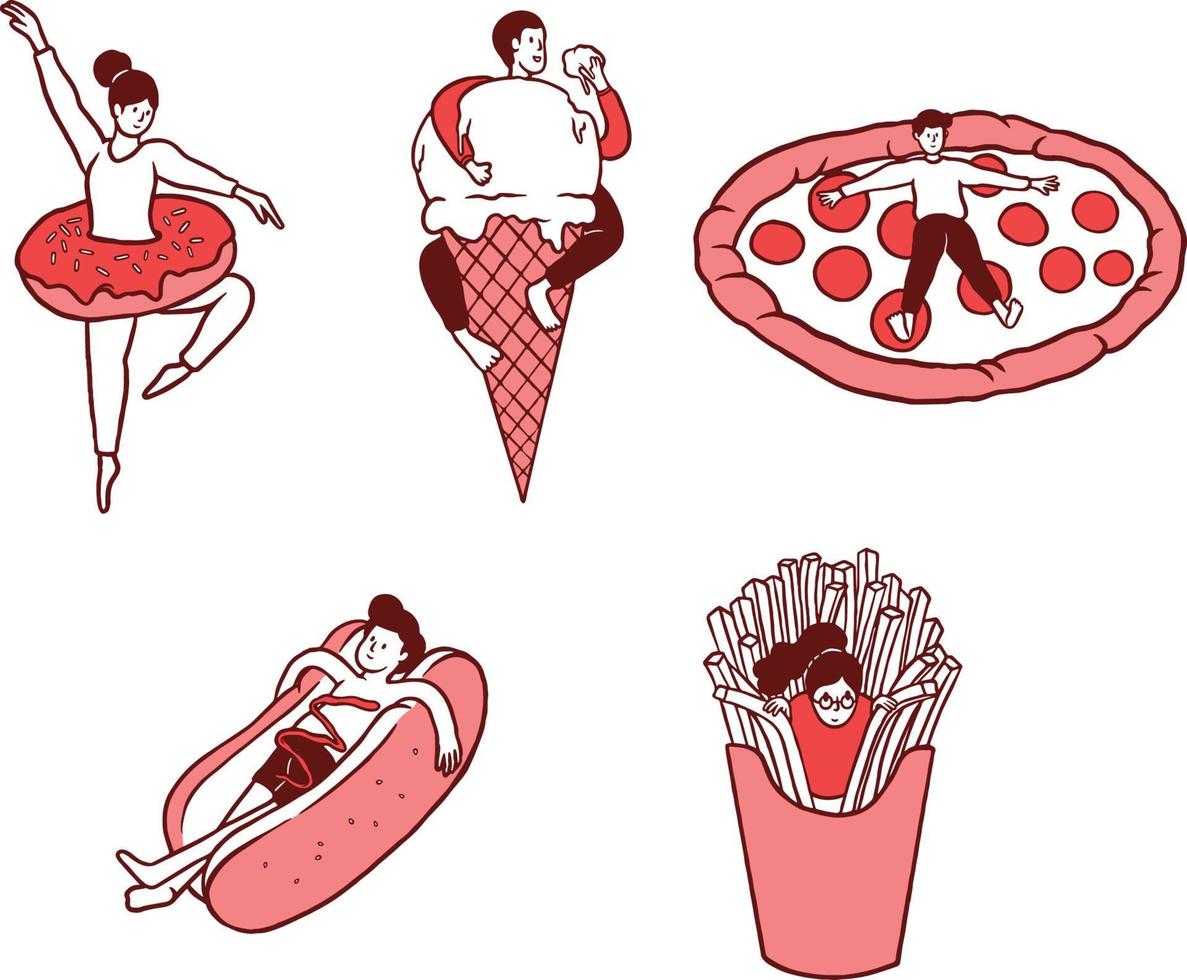 Set Hand-Drawn Sureal Doodle Food illustration line art vector