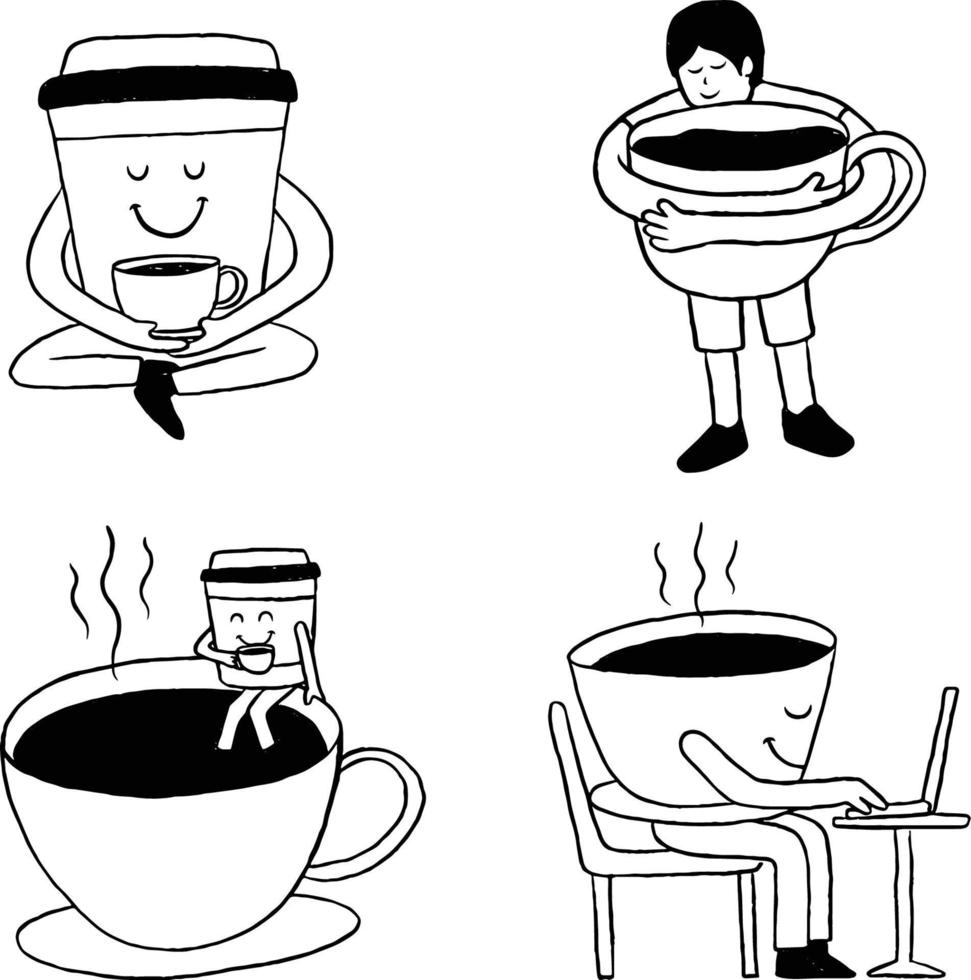 Surreal doodle character mascot fun coffee cafe shop. Hand drawn vector illustration.