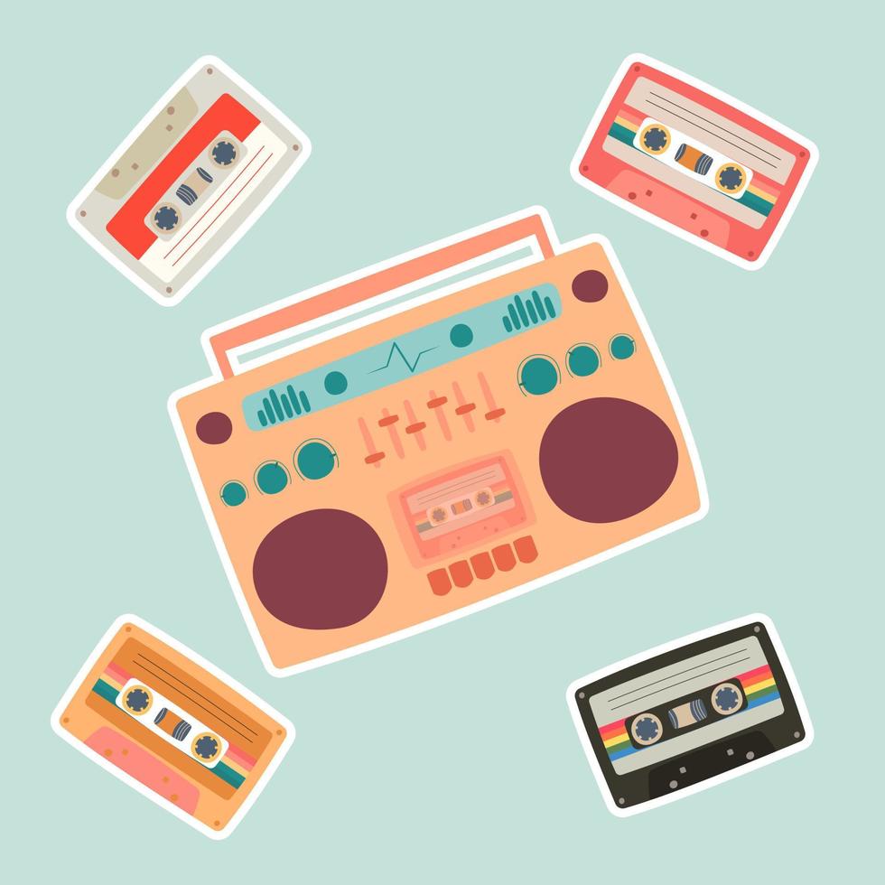 Vector set of cute 80s, 90s nostalgia stickers. Vintage electronic game, cassette. Trendy old school graphic collection