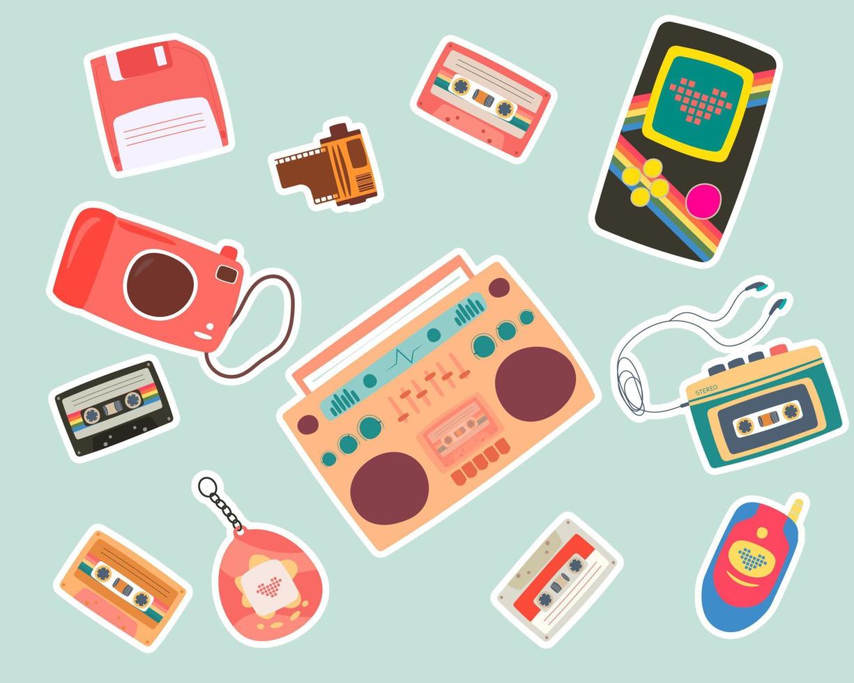 Vector set of cute 80s, 90s nostalgia stickers. Vintage electronic game, cassette, water gun, film and other objects. Trendy old school graphic collection