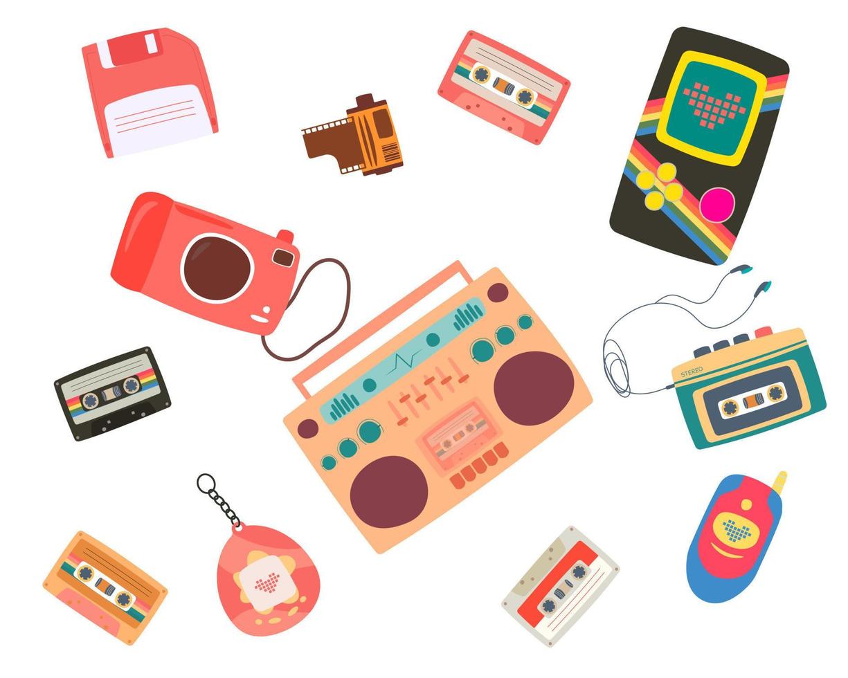 Vector set of cute 80s, 90s nostalgia stickers. Vintage computer, electronic game, cassette, water gun, film and other objects. Trendy old school graphic collection